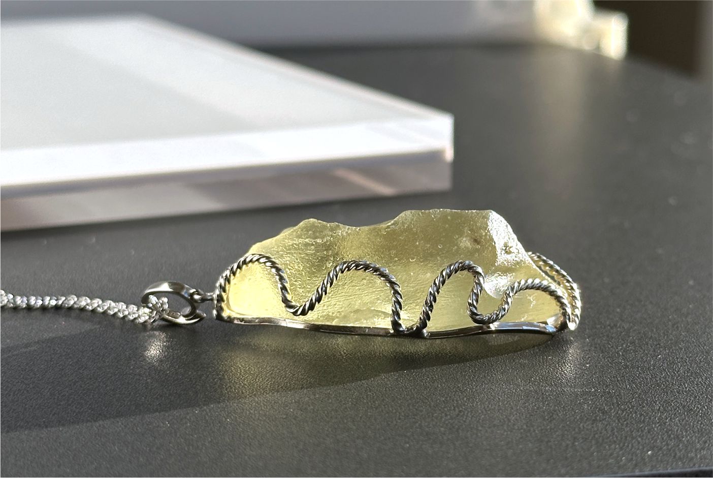 27.785Grams, Natural Authentic Libyan Desert Glass Tektite Silver Wrapped Pendant, Raw Libyan Desert Glass Pendant, 天然利比亚黄金陨石原石吊坠