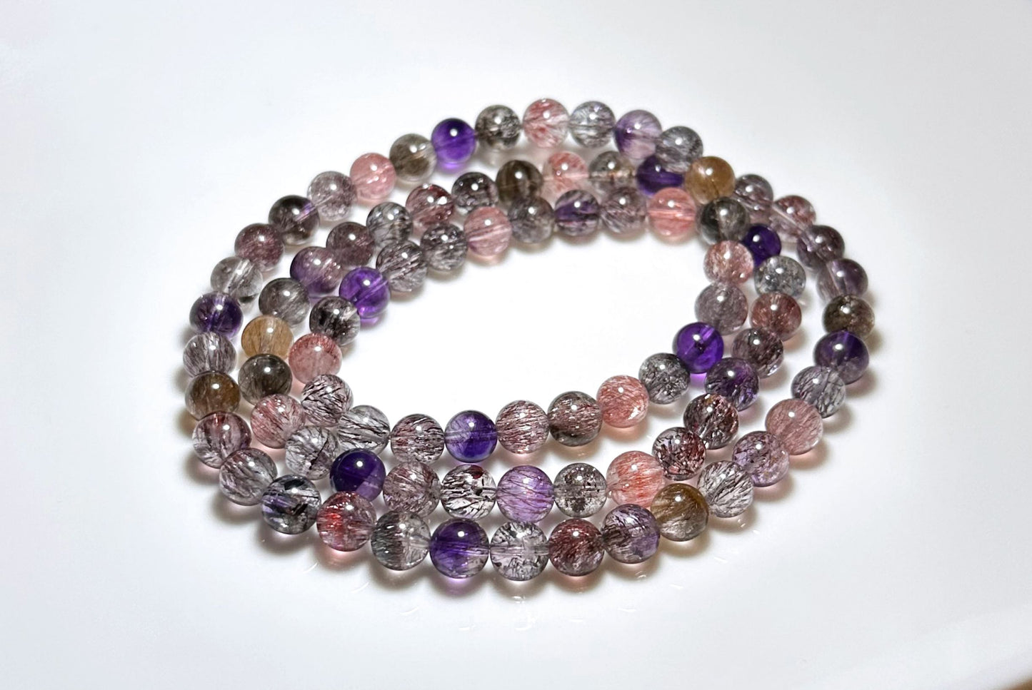 6.5mm+, Certified Natural High Grade Super Seven three wraps Bracelet, Super 7 Quartz Beads Bracelet, 天然超七水晶三圈手串