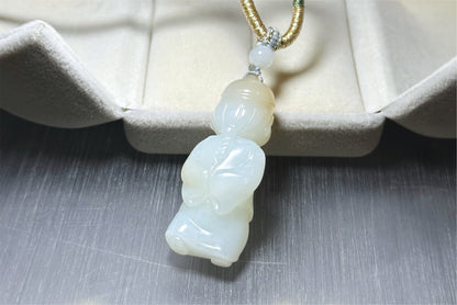Certified Natural Russian White Nephrite Jade Hand Carved Little Wealth Bringer Pendant, 天然俄料和田白玉带糖手工雕刻小地主吊坠