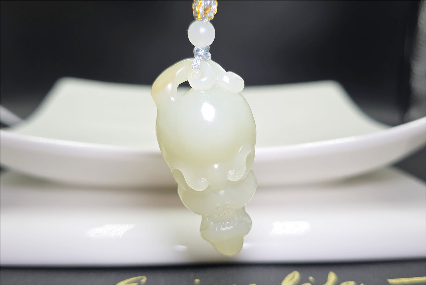Certified Natural Qiemo Warm White Nephrite Jade Hand-Carved Skull Pendant, 天然且末白和田玉手工雕刻骷髅吊坠