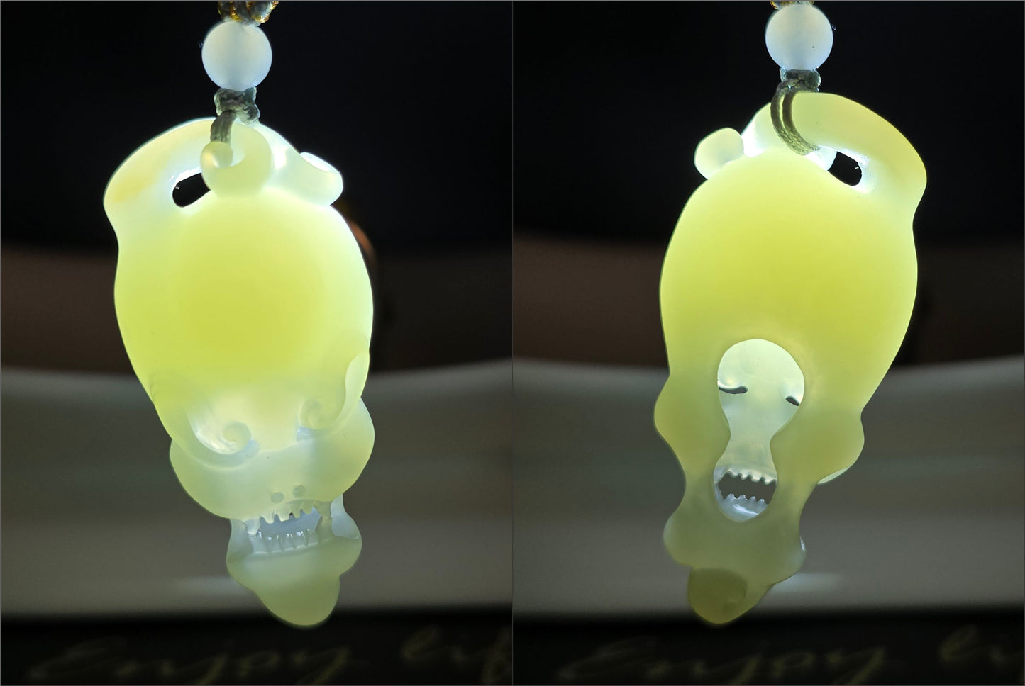 Certified Natural Qiemo Warm White Nephrite Jade Hand-Carved Skull Pendant, 天然且末白和田玉手工雕刻骷髅吊坠