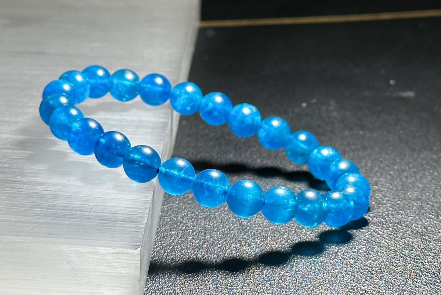 7.5mm, Certified Natural High Clarity Rich Deep Blue Apatite Bracelet, Natural Untreated Shimmering Blue Apatite Bracelet, AAA, 天然浓郁色蓝磷灰石手串