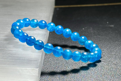 7.5mm, Certified Natural High Clarity Rich Deep Blue Apatite Bracelet, Natural Untreated Shimmering Blue Apatite Bracelet, AAA, 天然浓郁色蓝磷灰石手串