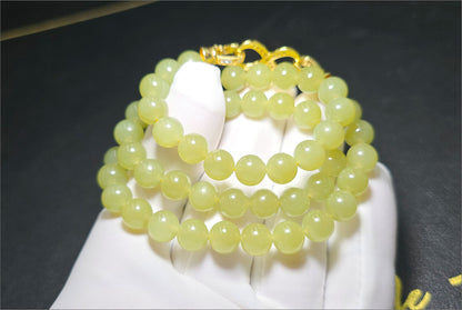 8mm, Certified Natural High Quality Greenish-Yellow Nephrite Jade Bead Necklace, 天然高品质青黄口和田玉项链