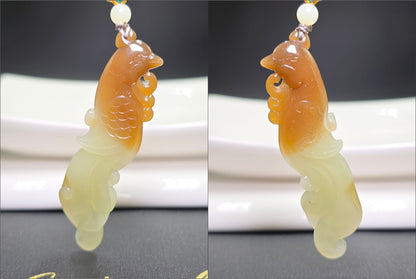 Certified Natural Sugar Brown and Yellow Nephrite Jade Hand-Carved Phoenix Pendant, 天然若羌黄口带糖手工雕刻凤凰吊坠