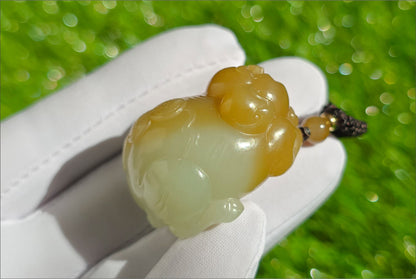 Certified Natural High-quality Qiemo Sugar-White Nephrite Jade Hand Carved "Fortune Pig" pendant, 天然精品且末糖白和田玉手工雕刻福猪吊坠