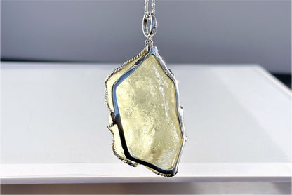 27.785Grams, Natural Authentic Libyan Desert Glass Tektite Silver Wrapped Pendant, Raw Libyan Desert Glass Pendant, 天然利比亚黄金陨石原石吊坠