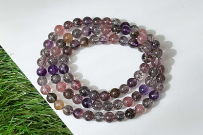 6.5mm+, Certified Natural High Grade Super Seven three wraps Bracelet, Super 7 Quartz Beads Bracelet, 天然超七水晶三圈手串