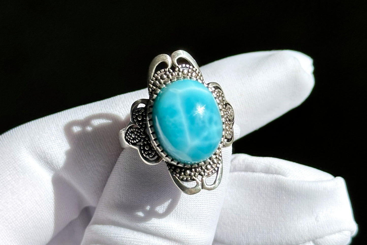 Natural Dominican High Quality Blue Larimar Silver Ring, Natural Larimar Ring, Silver Blue Larimar Ring, 天然高品质海纹石纯银戒指