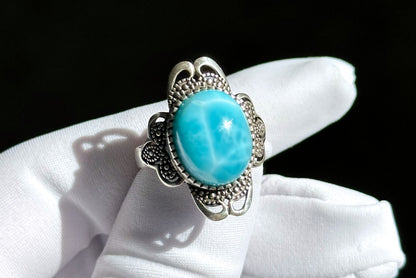 Natural Dominican High Quality Blue Larimar Silver Ring, Natural Larimar Ring, Silver Blue Larimar Ring, 天然高品质海纹石纯银戒指