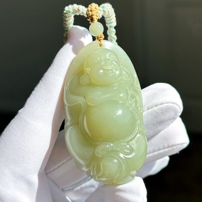 Big 73Grams, Certified Natural Untreated Warm White Nephrite Jade Hand-Carved Maitreya Buddha Pendant, 天然且末和田玉手工雕刻弥勒佛