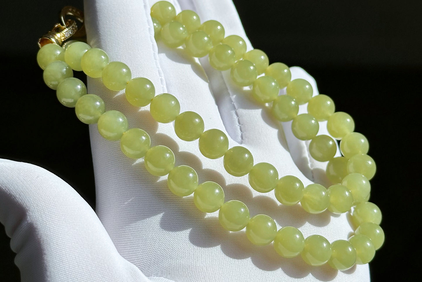 8mm, Certified Natural High Quality Greenish-Yellow Nephrite Jade Bead Necklace, 天然高品质青黄口和田玉项链