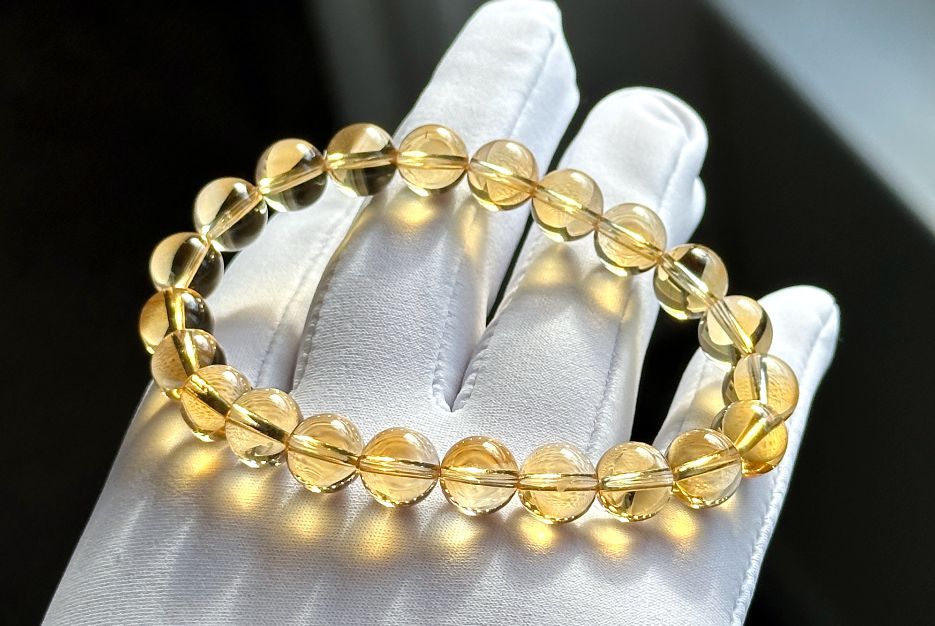 8.7mm+, Certified Natural Collector's Gem Grade Deep Yellow Citrine Beads Bracelet, Untreated High Clarity Natural Citrine, 天然宝石级玻璃体暴力黄黄水晶手串