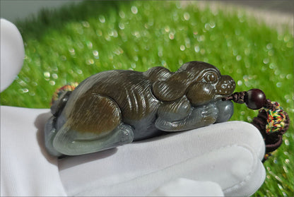 Certified Natural Loulan Nephrite Jade Hand-Carved Dog Handheld, 天然楼兰三色料手工雕刻狗手把件