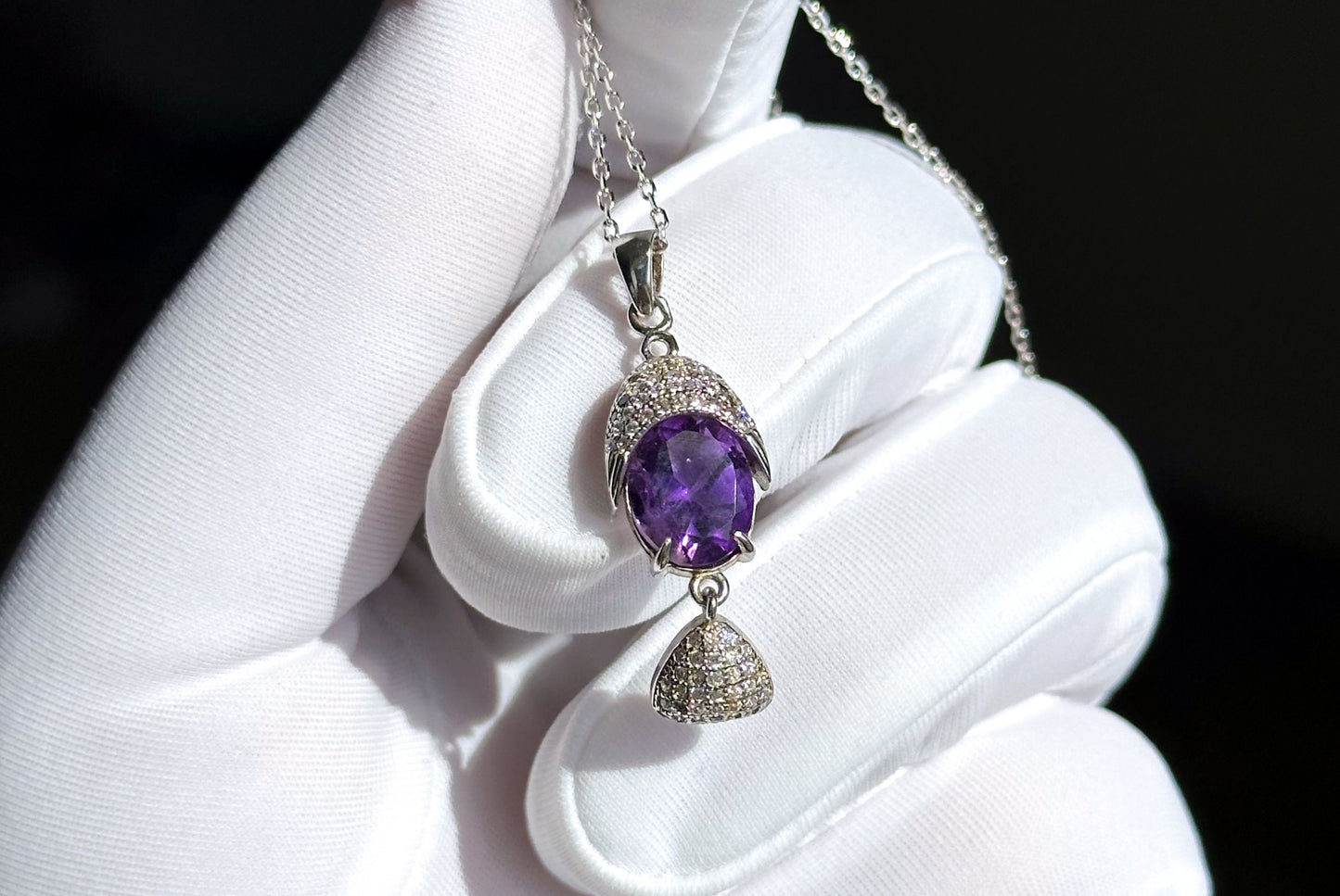 Natural Amethyst Pendant, Unheated Brazil Amethyst S925 Sterling Silver Pendant Necklace, 巴西天然紫晶纯银吊坠