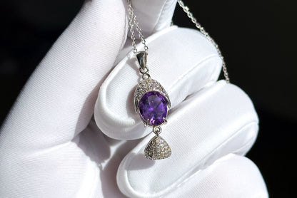 Natural Amethyst Pendant, Unheated Brazil Amethyst S925 Sterling Silver Pendant Necklace, 巴西天然紫晶纯银吊坠