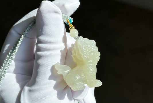Certified Natural QingShui Nephrite Jade Carved Kirin Pendant, 天然晴水和田玉麒麟吊坠