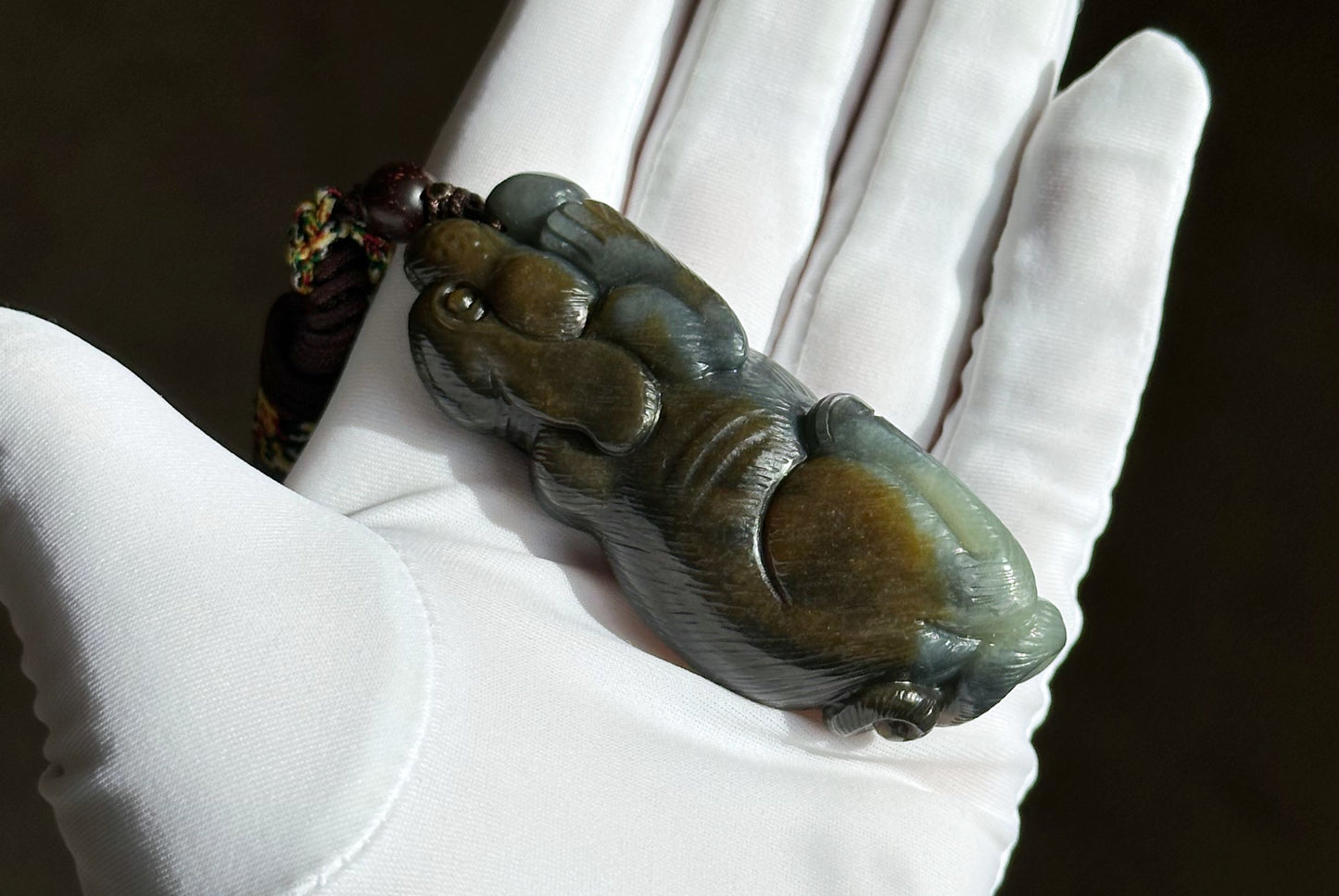 Certified Natural Loulan Nephrite Jade Hand-Carved Dog Handheld, 天然楼兰三色料手工雕刻狗手把件