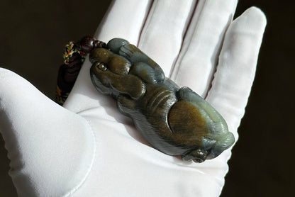 Certified Natural Loulan Nephrite Jade Hand-Carved Dog Handheld, 天然楼兰三色料手工雕刻狗手把件