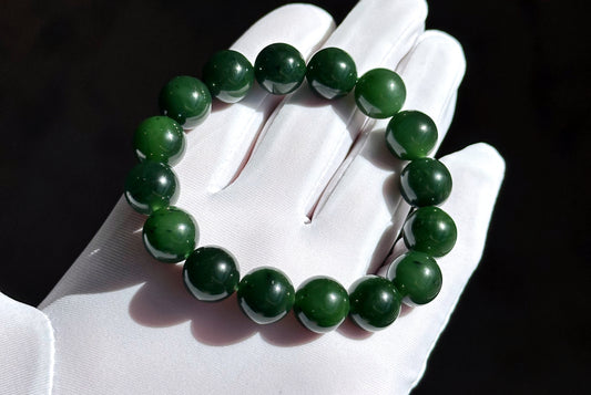 12mm, Certified Natural Rich Spinach Green Nephrite Jade Bead Bracelet, 天然俄老油菠菜绿碧玉手串