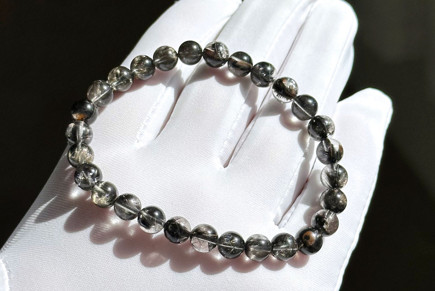 6.5mm+, Certified Rare Natural Top Grade Black Brookite Rutilated quartz Beads Bracelet, Silver Brookite in quartz bracelet, 收藏级黑银钛晶手串