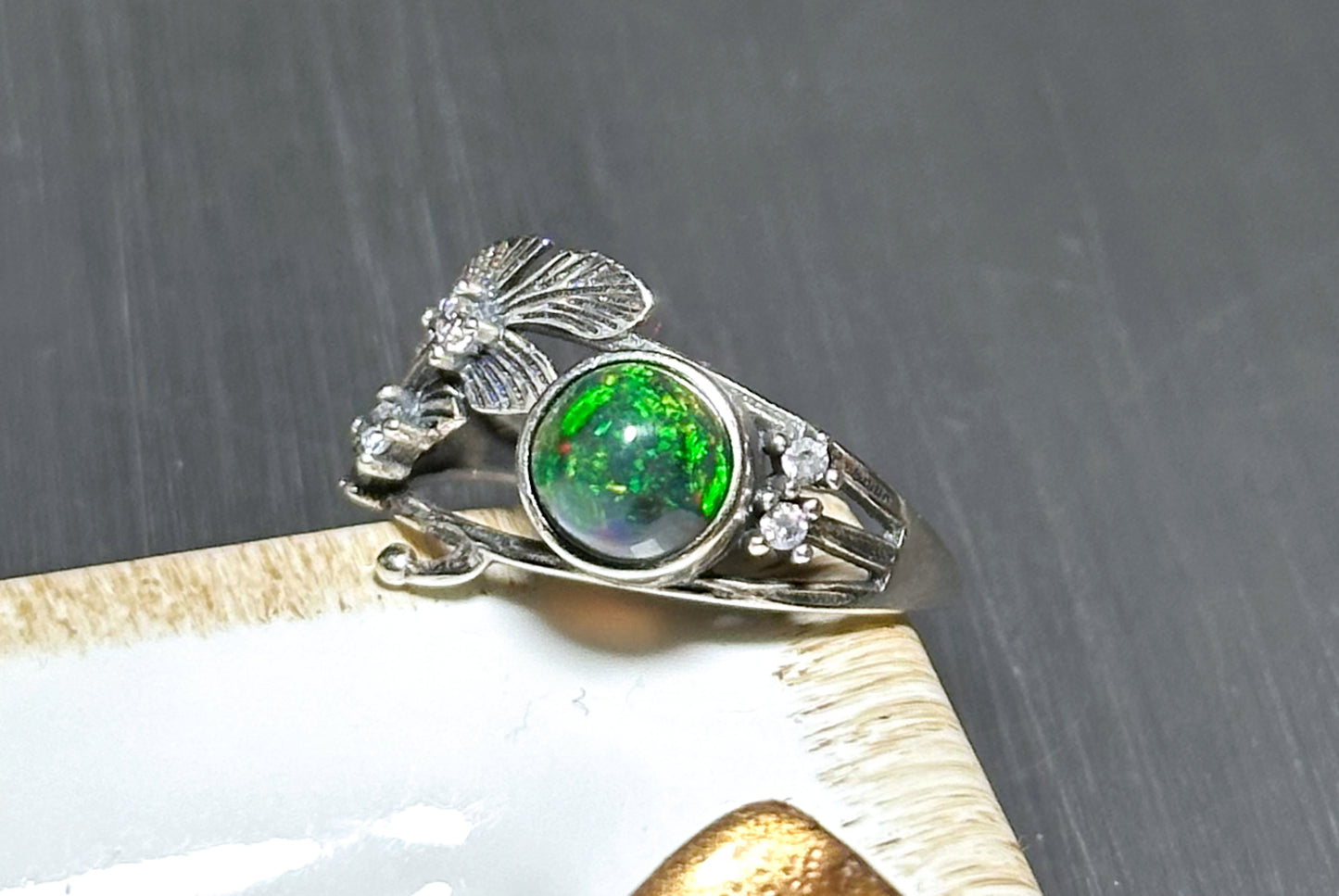 Certified Natural Black Opal Sterling Silver Ring, Genuine natural Black Opal Silver Ring, Black Opal Ring, 天然黑欧珀戒指