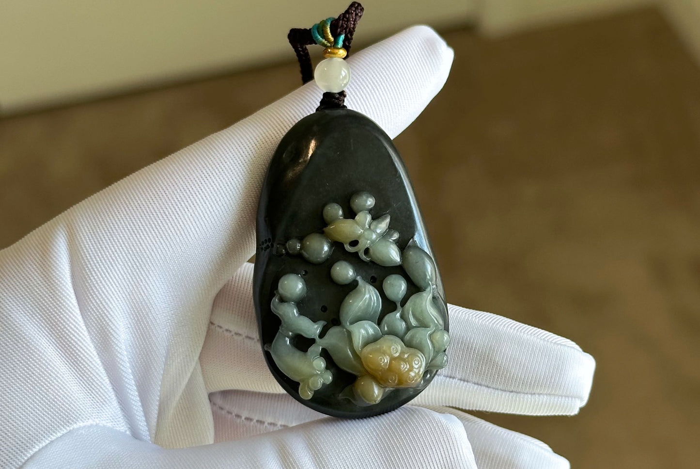 Certified Natural Loulan Tricolor Nephrite Jade Hand-Carved Lotus and Koi Fish Pendant, 天然楼兰三色和田玉手工雕刻莲花鱼吊坠