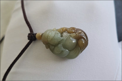 Certified Natural Blue and Sugar Nephrite Jade Hand-Carved Caishen and Buddha  Pendant | Small Handmade Jade God of Wealth | 天然蓝带糖玉手工雕刻财神吊坠