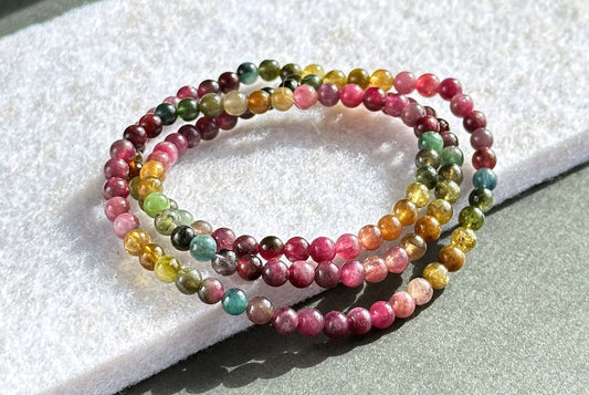 4.8mm, Natural Dainty Multi Color Tourmaline Triple Wraps Bracelet, Multi Colour Tourmaline Bracelet, 天然碧玺三圈手串