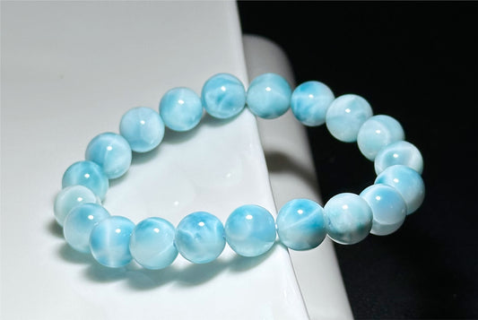 9.5mm+, Natural High Quality Dominican Blue Larimar Beads Bracelet, Dominican Republic Larimar Bracelelt, 多米尼加天然海纹石手串