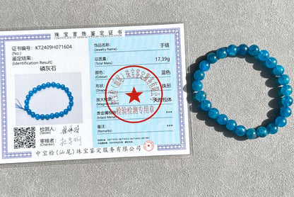 7.5mm, Certified Natural High Clarity Rich Deep Blue Apatite Bracelet, Natural Untreated Shimmering Blue Apatite Bracelet, AAA, 天然浓郁色蓝磷灰石手串