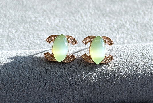 Certified Siberian Cat eye Green Nephrite Jade Sterling Silver Stud Earrings, Silver Green Nephrite Studs, 天然俄料粉绿猫眼碧玉纯银耳钉