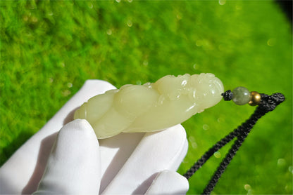Certified Natural High-Quality Ruoqiang Yellow Nephrite Jade Hand-Carved God of Wealth Pendant, 天然若羌黄口手工雕刻财神吊坠