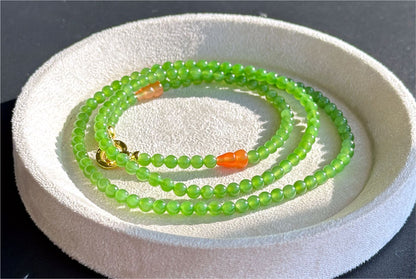 4mm, Certified Natural Apple Green Nephrite Jade Bead Necklace, 正矿苹果绿碧玉项链