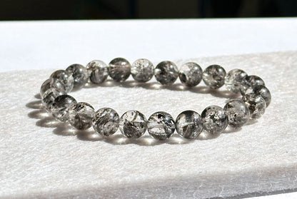 8.7mm+, Certified Natural High Grade Herkimer Diamond Round Beads Bracelet, Herkimer Diamond Bracelet, 天然最高级近无棉纯净体大闪片闪灵钻圆珠手串