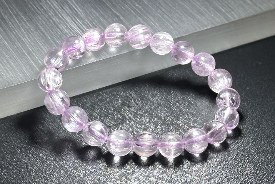 9mm+, Certified Natural High Grade Icy Transparent Cat Eye Kunzite Bracelet, Genuine Kunzite Stretch Bracelet. 天然拉丝猫眼高冰紫锂辉手串