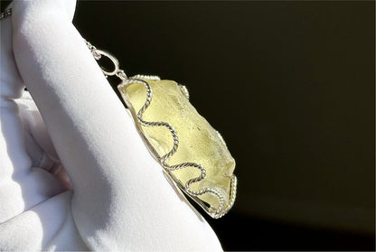 27.785Grams, Natural Authentic Libyan Desert Glass Tektite Silver Wrapped Pendant, Raw Libyan Desert Glass Pendant, 天然利比亚黄金陨石原石吊坠
