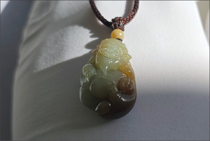 Certified Natural Blue and Sugar Nephrite Jade Hand-Carved Caishen and Buddha  Pendant | Small Handmade Jade God of Wealth | 天然蓝带糖玉手工雕刻财神吊坠