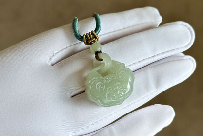 Certified Natural Qiemo Warm White Nephrite Jade Carved Peace Lock Pendant, Ping An Lock Jade, 天然且末暖白和田玉平安锁吊坠