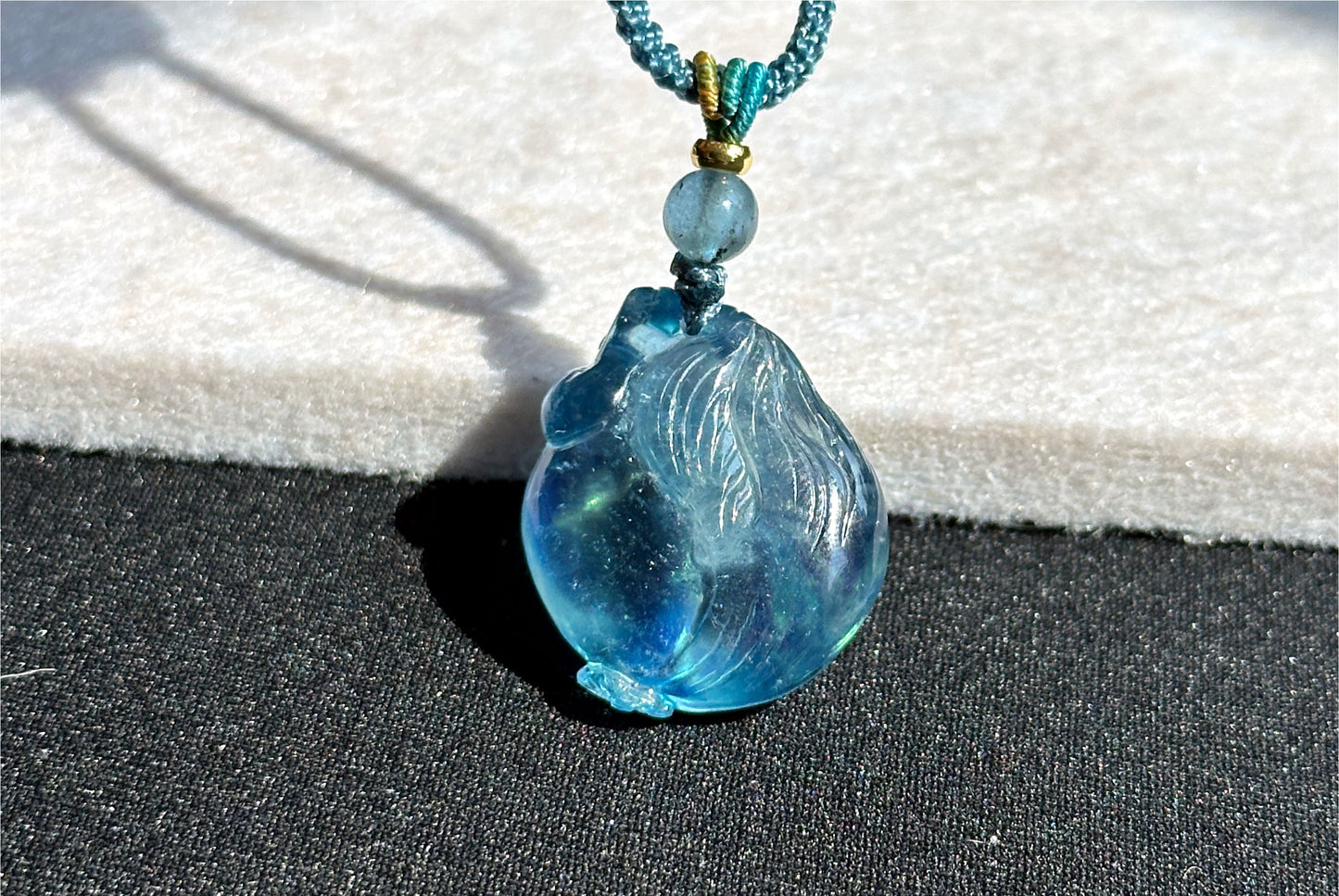 Certified Natural Devil Blue Aquamarine Hand Carved Fox Pendant, Aquamarine Pendant, 天然魔鬼蓝海蓝宝手工雕刻睡狐吊坠