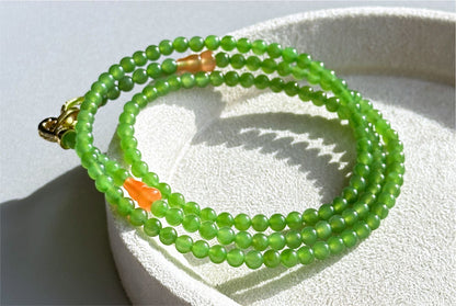 4mm, Certified Natural Apple Green Nephrite Jade Bead Necklace, 正矿苹果绿碧玉项链