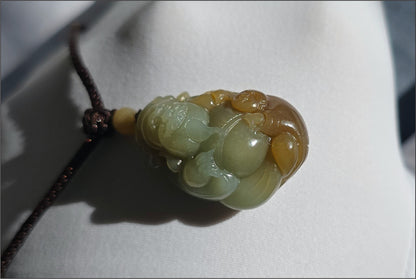 Certified Natural Blue and Sugar Nephrite Jade Hand-Carved Caishen and Buddha  Pendant | Small Handmade Jade God of Wealth | 天然蓝带糖玉手工雕刻财神吊坠