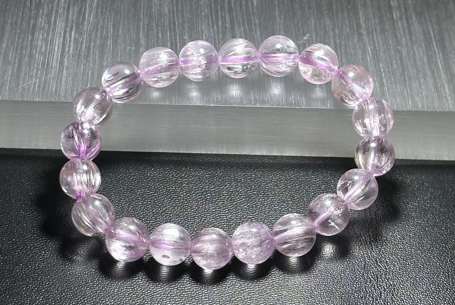 9mm+, Certified Natural High Grade Icy Transparent Cat Eye Kunzite Bracelet, Genuine Kunzite Stretch Bracelet. 天然拉丝猫眼高冰紫锂辉手串