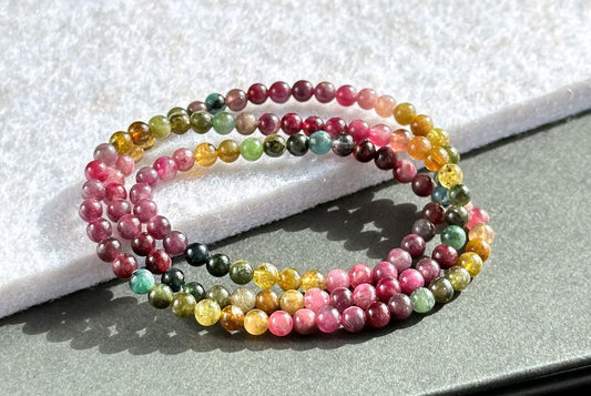 4.8mm, Natural Dainty Multi Color Tourmaline Triple Wraps Bracelet, Multi Colour Tourmaline Bracelet, 天然碧玺三圈手串