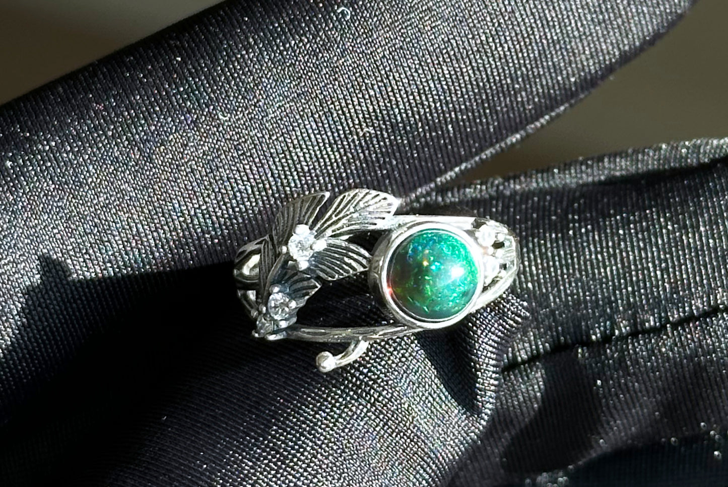 Certified Natural Black Opal Sterling Silver Ring, Genuine natural Black Opal Silver Ring, Black Opal Ring, 天然黑欧珀戒指