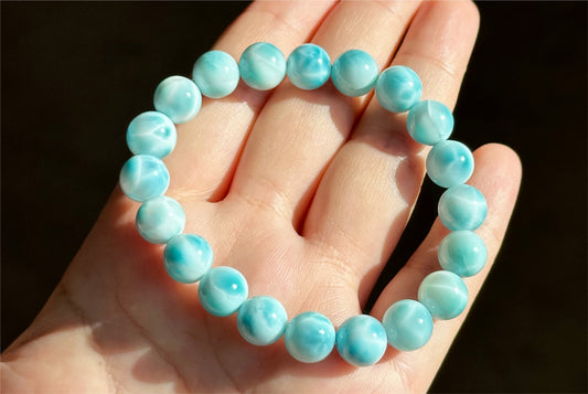 9.5mm+, Natural High Quality Dominican Blue Larimar Beads Bracelet, Dominican Republic Larimar Bracelelt, 多米尼加天然海纹石手串