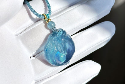 Certified Natural Devil Blue Aquamarine Hand Carved Fox Pendant, Aquamarine Pendant, 天然魔鬼蓝海蓝宝手工雕刻睡狐吊坠