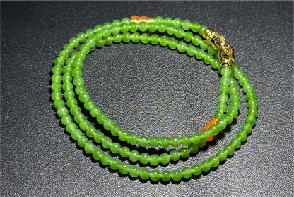 4mm, Certified Natural Apple Green Nephrite Jade Bead Necklace, 正矿苹果绿碧玉项链