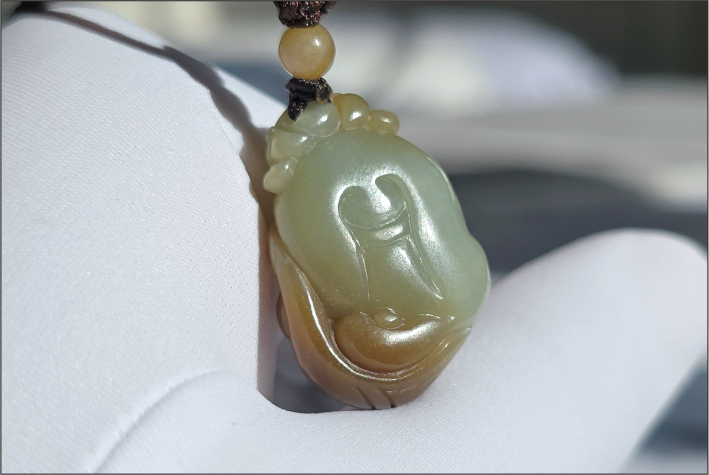 Certified Natural Blue and Sugar Nephrite Jade Hand-Carved Caishen and Buddha  Pendant | Small Handmade Jade God of Wealth | 天然蓝带糖玉手工雕刻财神吊坠