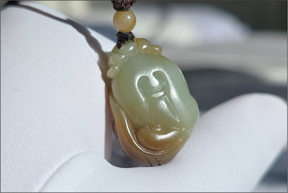 Certified Natural Blue and Sugar Nephrite Jade Hand-Carved Caishen and Buddha  Pendant | Small Handmade Jade God of Wealth | 天然蓝带糖玉手工雕刻财神吊坠